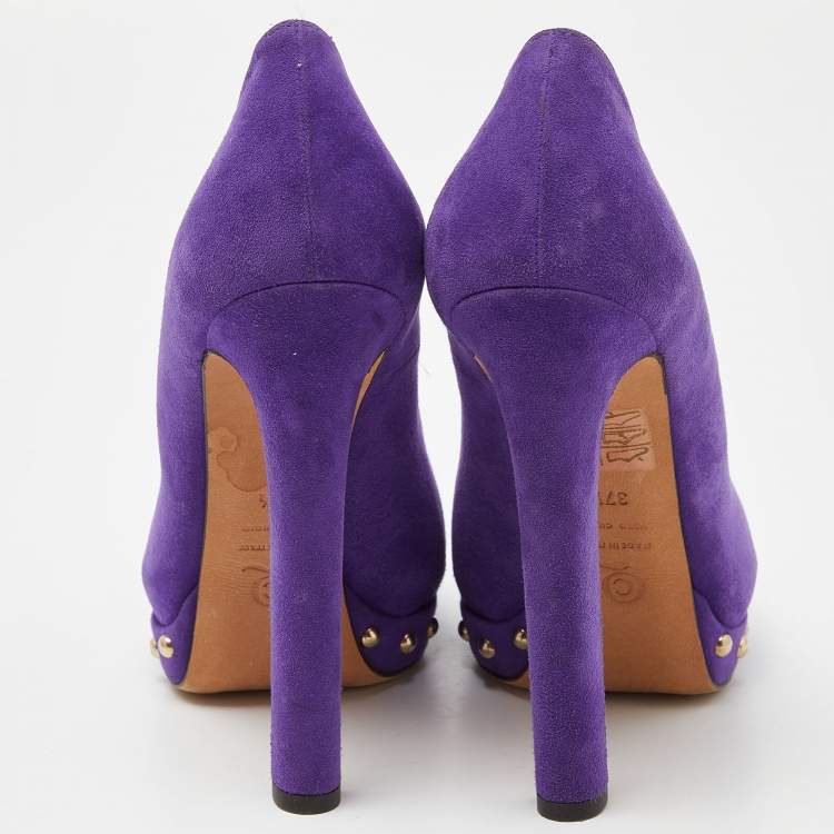 Pre Owned Alexander McQueen Purple Suede Skull Embellished Peep Toe Platform Pumps Size 37.5
