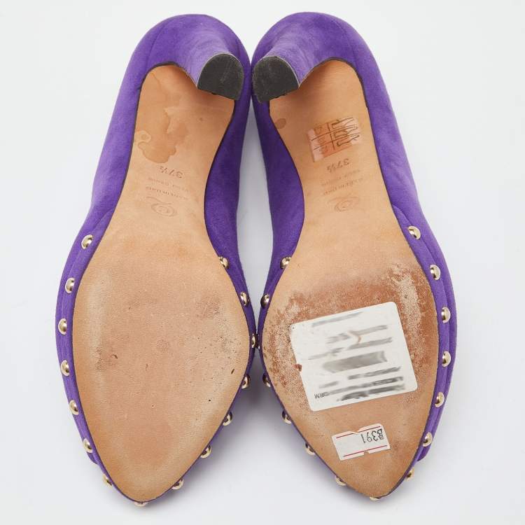 Pre Owned Alexander McQueen Purple Suede Skull Embellished Peep Toe Platform Pumps Size 37.5