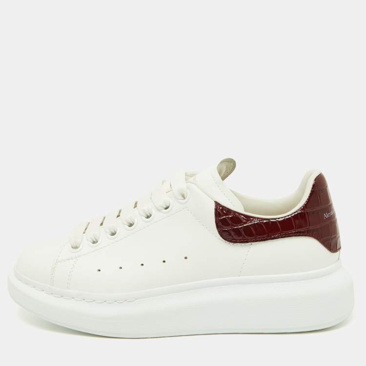 Pre Owned Alexander McQueen White/Red Croc Embossed and Leather Oversized Sneakers Size 37