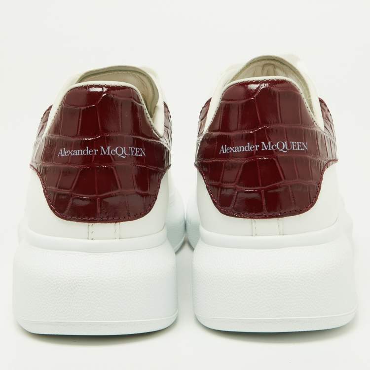 Pre Owned Alexander McQueen White/Red Croc Embossed and Leather Oversized Sneakers Size 37