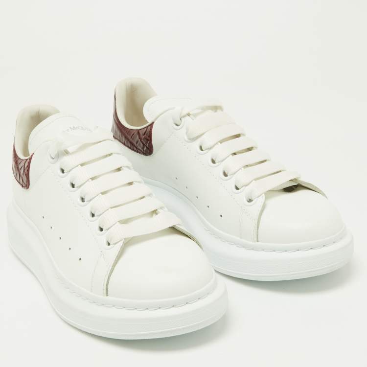 Pre Owned Alexander McQueen White/Red Croc Embossed and Leather Oversized Sneakers Size 37