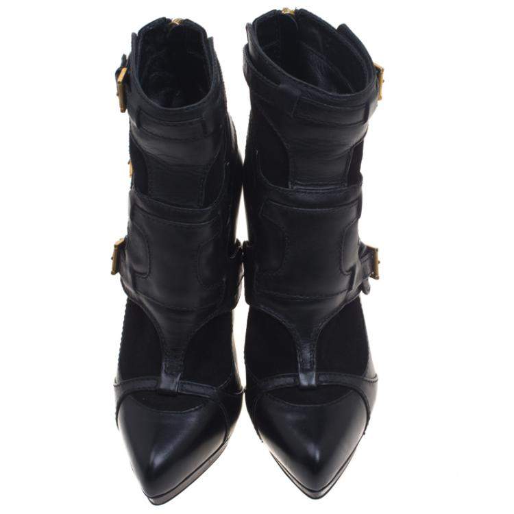 Pre Owned Alexander Mcqueen Black Leather and Suede Buckle Detail Ankle Boots Size 38