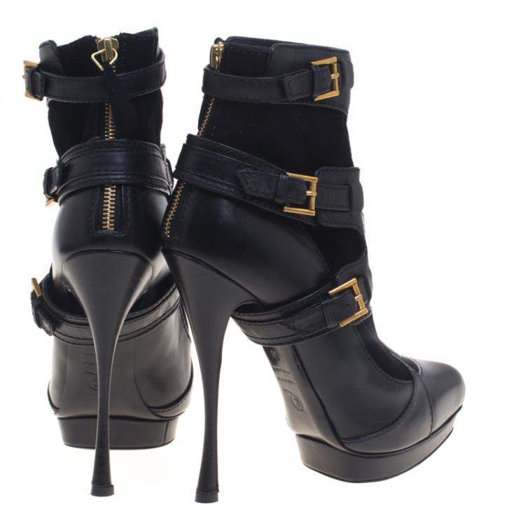 Pre Owned Alexander Mcqueen Black Leather and Suede Buckle Detail Ankle Boots Size 38