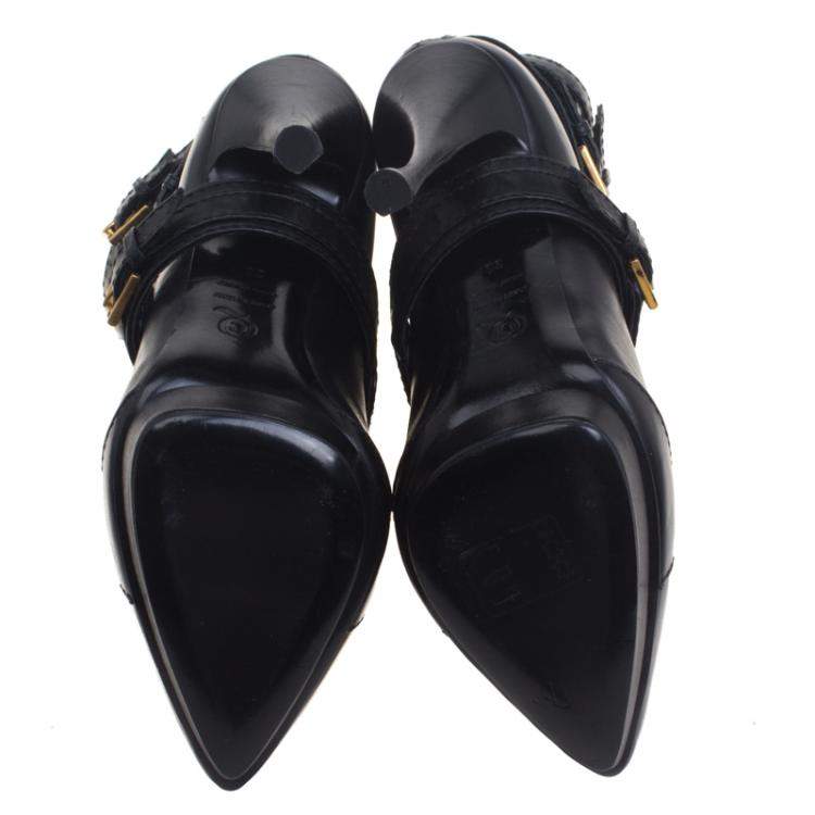 Pre Owned Alexander Mcqueen Black Leather and Suede Buckle Detail Ankle Boots Size 38
