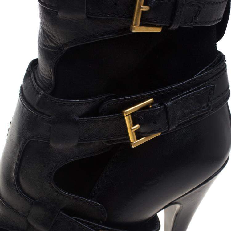 Pre Owned Alexander Mcqueen Black Leather and Suede Buckle Detail Ankle Boots Size 38