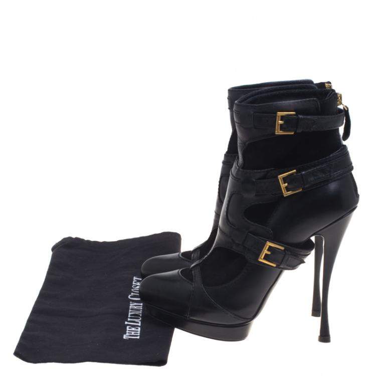 Pre Owned Alexander Mcqueen Black Leather and Suede Buckle Detail Ankle Boots Size 38