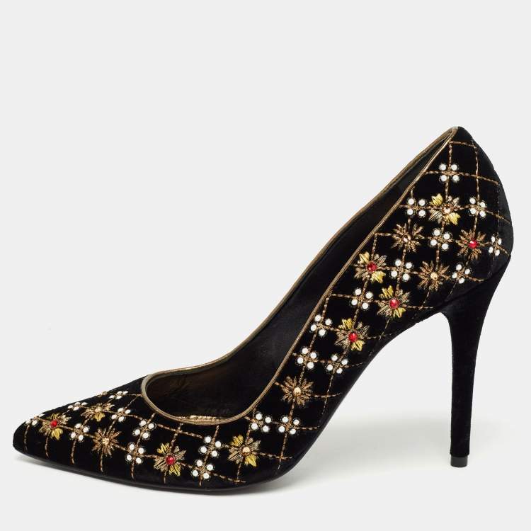 Pre Owned Alexander McQueen Black Velvet Embellished Pointed Toe Pumps Size 38.5