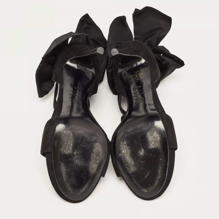 Pre Owned Alexander McQueen Black Suede Oversized Ankle Bow Tie Sandals Size 40.5
