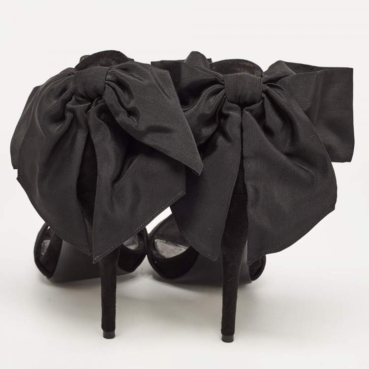 Pre Owned Alexander McQueen Black Suede Oversized Ankle Bow Tie Sandals Size 40.5