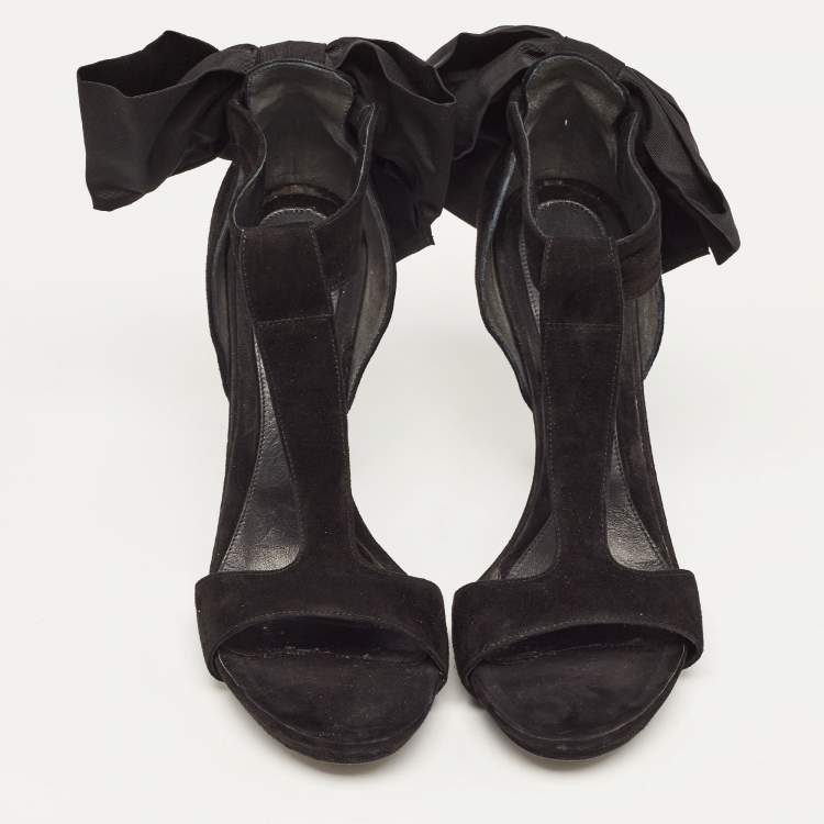 Pre Owned Alexander McQueen Black Suede Oversized Ankle Bow Tie Sandals Size 40.5