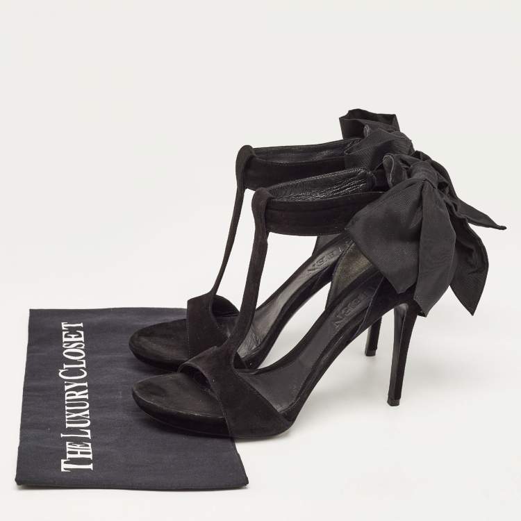 Pre Owned Alexander McQueen Black Suede Oversized Ankle Bow Tie Sandals Size 40.5