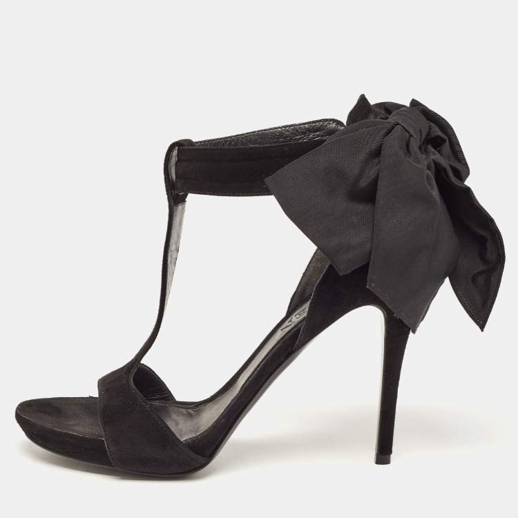Pre Owned Alexander McQueen Black Suede Oversized Ankle Bow Tie Sandals Size 40.5