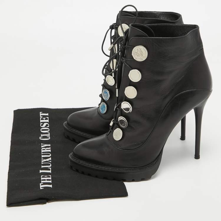 Pre Owned Alexander McQueen Black Leather Lace Up Platform Ankle Boots Size 40