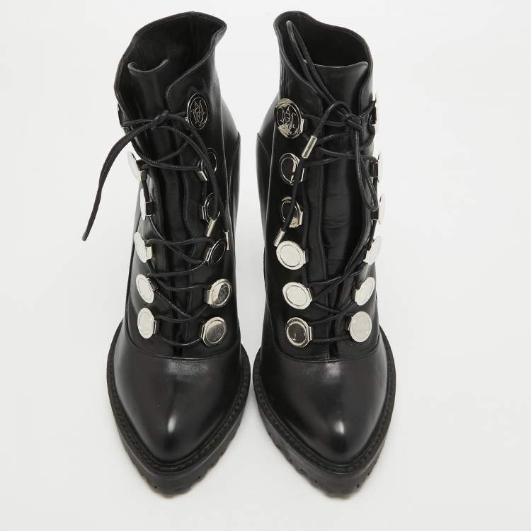 Pre Owned Alexander McQueen Black Leather Lace Up Platform Ankle Boots Size 40