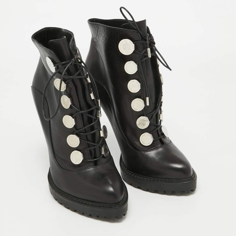 Pre Owned Alexander McQueen Black Leather Lace Up Platform Ankle Boots Size 40