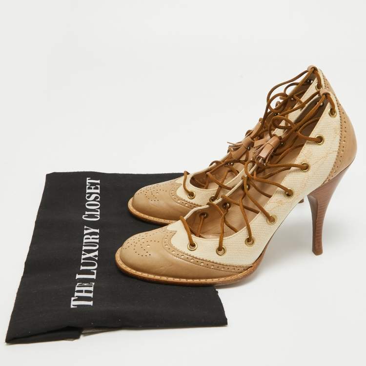 Pre Owned Alexander McQueen Beige Leather and Canvas Lace Up Loafers Pumps Size 38.5