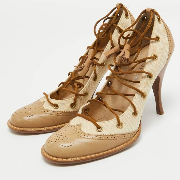 Pre Owned Alexander McQueen Beige Leather and Canvas Lace Up Loafers Pumps Size 38.5