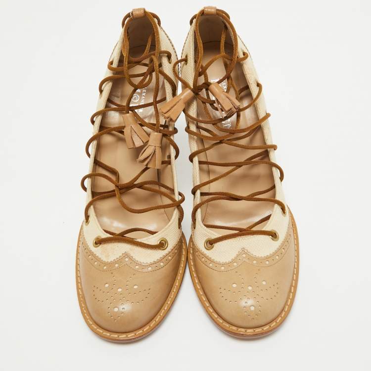 Pre Owned Alexander McQueen Beige Leather and Canvas Lace Up Loafers Pumps Size 38.5