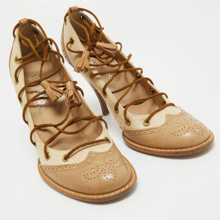 Pre Owned Alexander McQueen Beige Leather and Canvas Lace Up Loafers Pumps Size 38.5