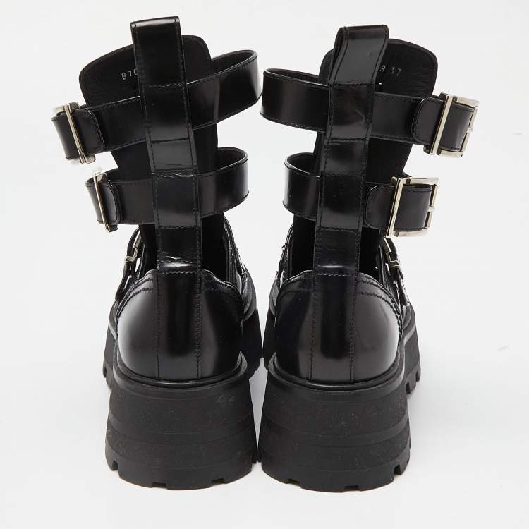 Pre Owned Alexander McQueen Black Leather Rave Buckle Ankle Boots Size 37
