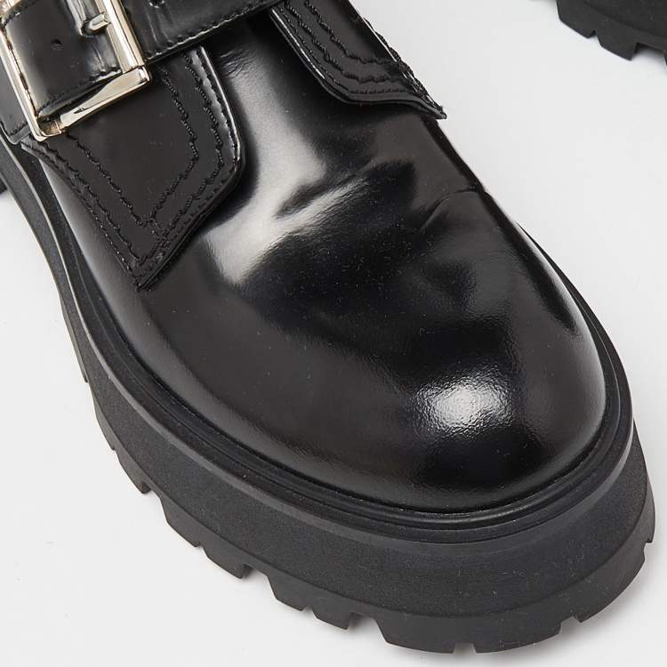 Pre Owned Alexander McQueen Black Leather Rave Buckle Ankle Boots Size 37