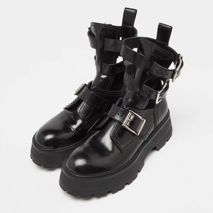 Pre Owned Alexander McQueen Black Leather Rave Buckle Ankle Boots Size 37