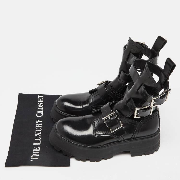 Pre Owned Alexander McQueen Black Leather Rave Buckle Ankle Boots Size 37