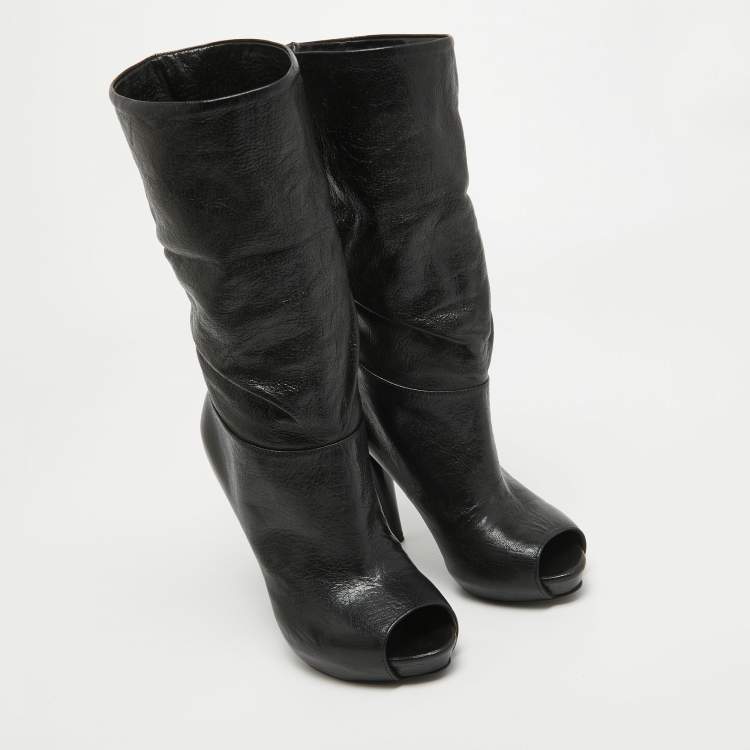Pre Owned Alexander McQueen Black Leather Peep Toe Ankle Boots Size 35