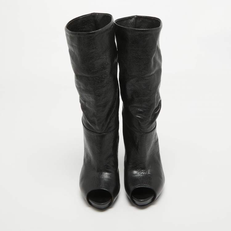 Pre Owned Alexander McQueen Black Leather Peep Toe Ankle Boots Size 35