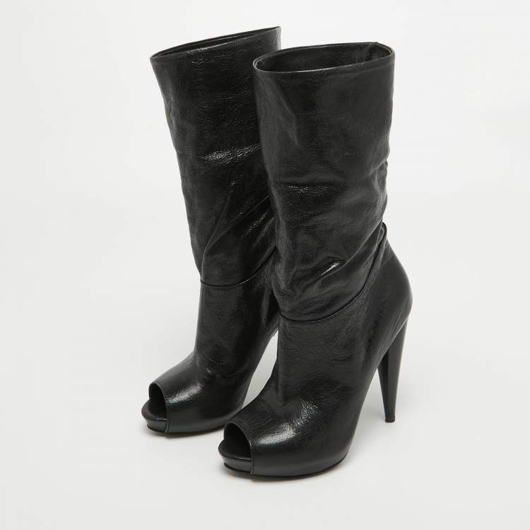Pre Owned Alexander McQueen Black Leather Peep Toe Ankle Boots Size 35