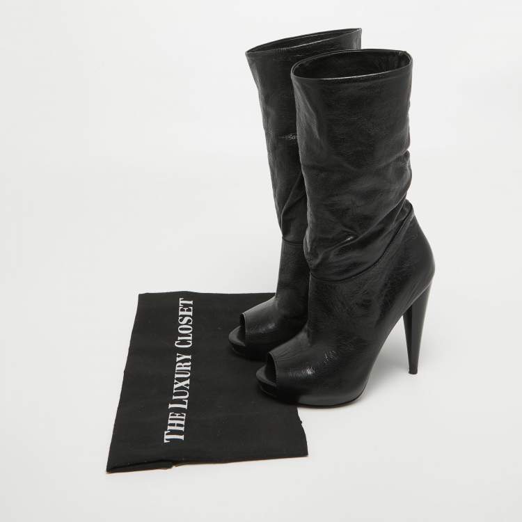 Pre Owned Alexander McQueen Black Leather Peep Toe Ankle Boots Size 35