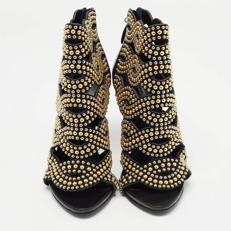 Pre Owned Alexander McQueen Black Leather Studded Peep Toe Ankle Boots Size 36