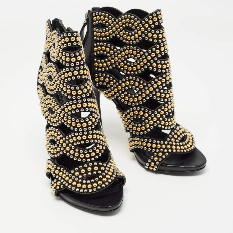 Pre Owned Alexander McQueen Black Leather Studded Peep Toe Ankle Boots Size 36