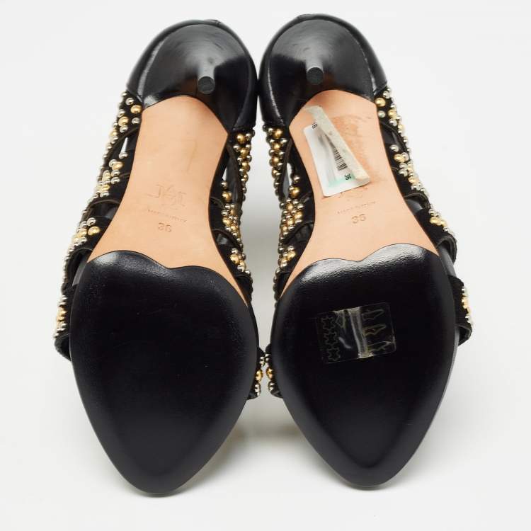 Pre Owned Alexander McQueen Black Leather Studded Peep Toe Ankle Boots Size 36
