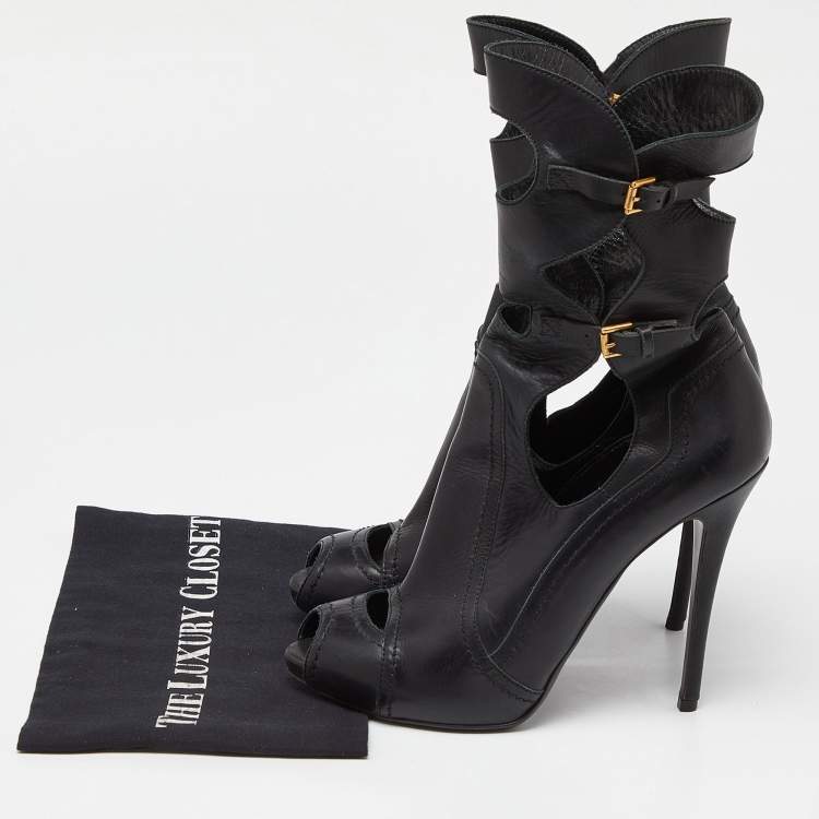 Pre Owned Alexander McQueen Black Leather Cut Out Peep Toe Ankle Boots Size 39.5