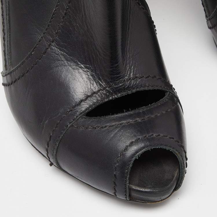 Pre Owned Alexander McQueen Black Leather Cut Out Peep Toe Ankle Boots Size 39.5