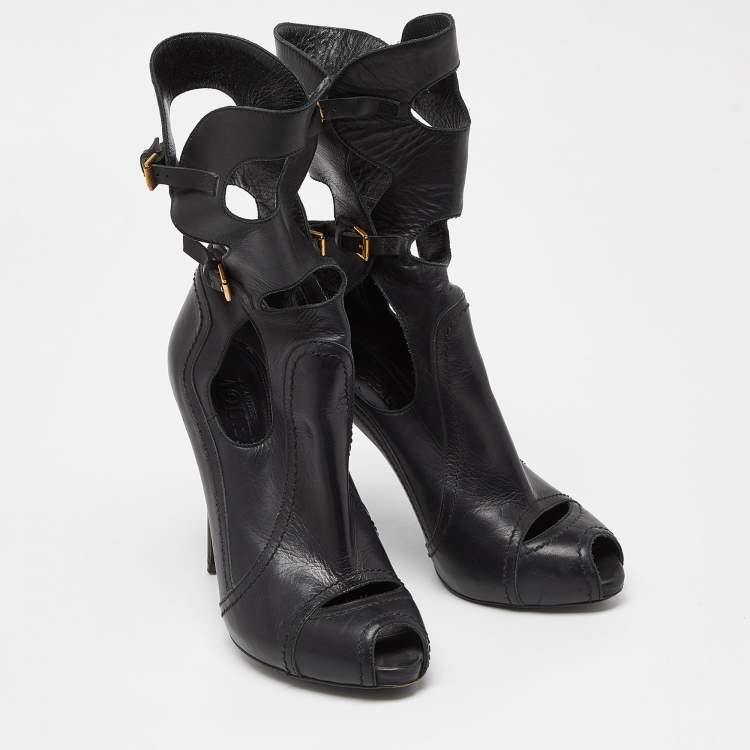 Pre Owned Alexander McQueen Black Leather Cut Out Peep Toe Ankle Boots Size 39.5