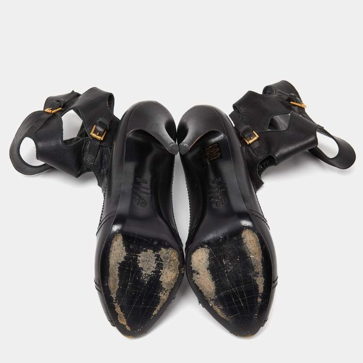 Pre Owned Alexander McQueen Black Leather Cut Out Peep Toe Ankle Boots Size 39.5