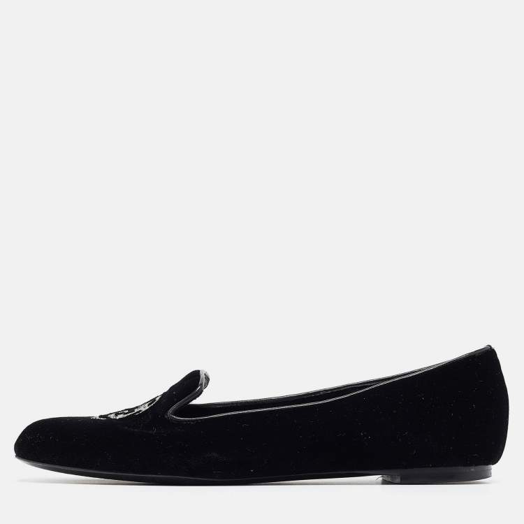 Pre Owned Alexander McQueen Black Velvet Skull Embroidered Smoking Slippers Size 36
