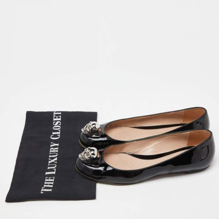 Pre Owned Alexander McQueen Black Patent Leather Skull City Ballet Flats Size 37.5
