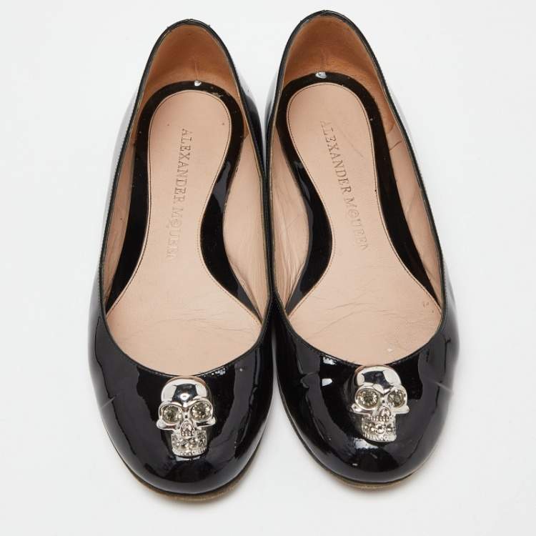 Pre Owned Alexander McQueen Black Patent Leather Skull City Ballet Flats Size 37.5