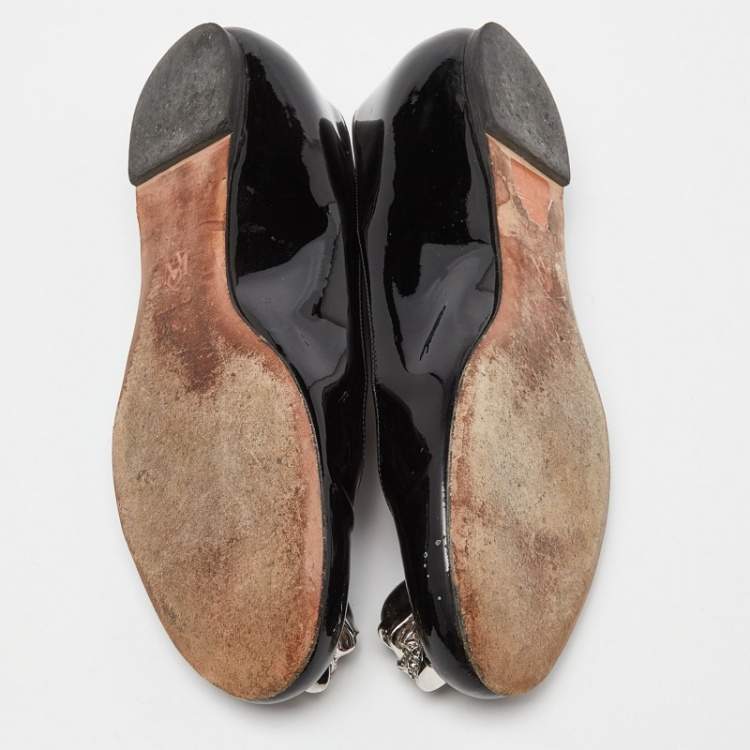 Pre Owned Alexander McQueen Black Patent Leather Skull City Ballet Flats Size 37.5