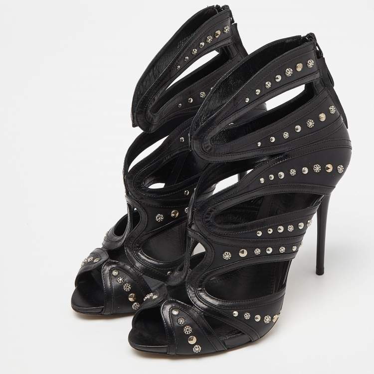 Pre Owned Alexander McQueen Black Leather Studded Strappy Sandals Size 38