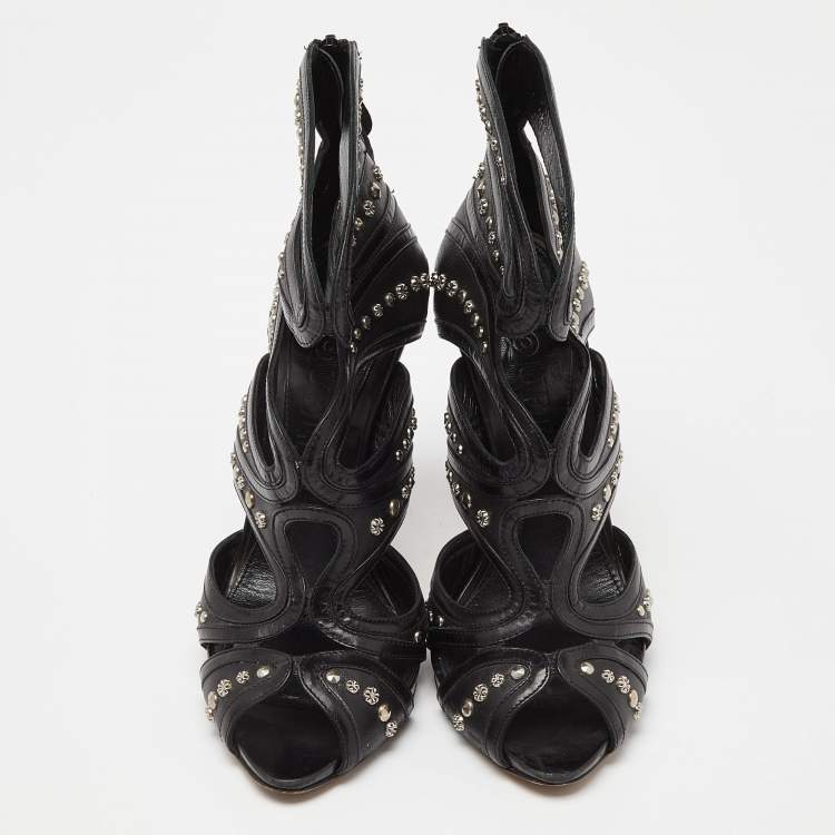 Pre Owned Alexander McQueen Black Leather Studded Strappy Sandals Size 38