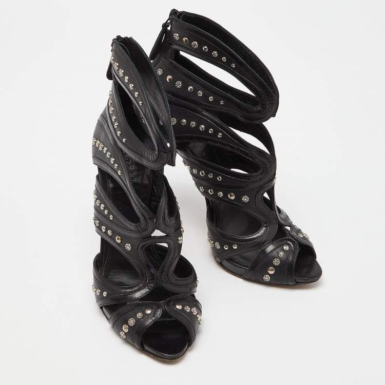 Pre Owned Alexander McQueen Black Leather Studded Strappy Sandals Size 38