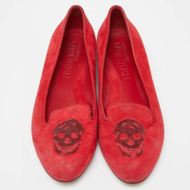 Pre Owned Alexander McQueen Red Suede Sequins Skull Smoking Slippers Size 37