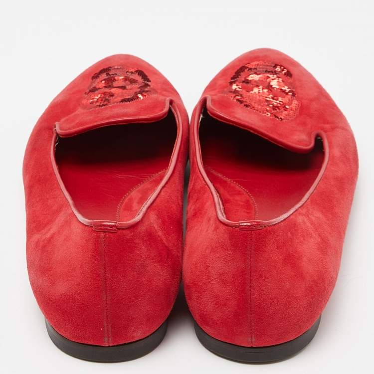 Pre Owned Alexander McQueen Red Suede Sequins Skull Smoking Slippers Size 37