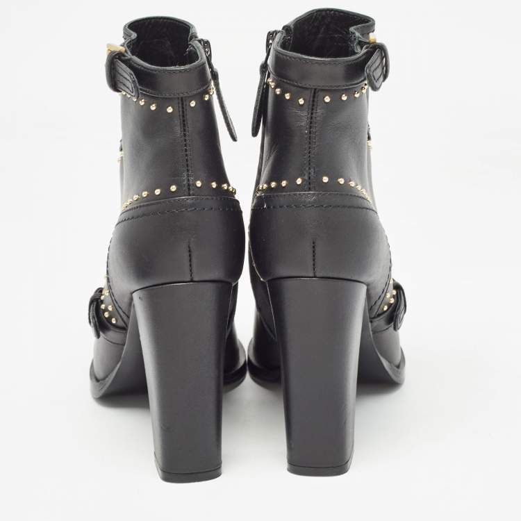 Pre Owned Alexander McQueen Black Leather Studded Buckle Ankle Boots Size 38.5