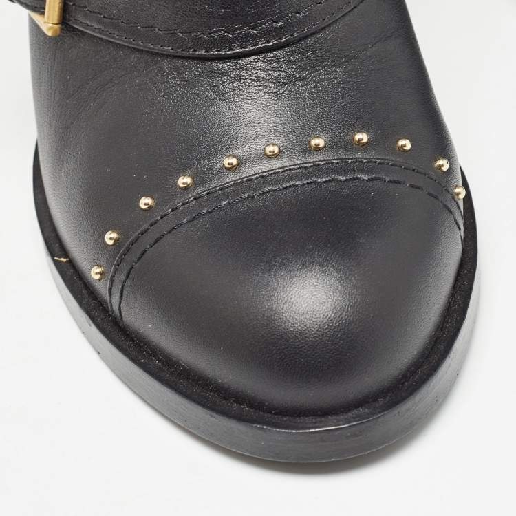 Pre Owned Alexander McQueen Black Leather Studded Buckle Ankle Boots Size 38.5