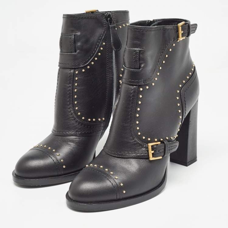 Pre Owned Alexander McQueen Black Leather Studded Buckle Ankle Boots Size 38.5